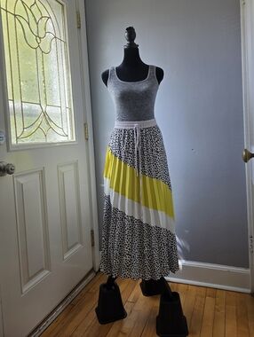 Central Park West Pleated Yellow & Black Animal-Print Maxi Skirt